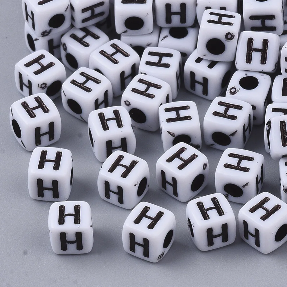 100pcs White Cube Acrylic Alphabet Bead Loose Spacer Gold Plated