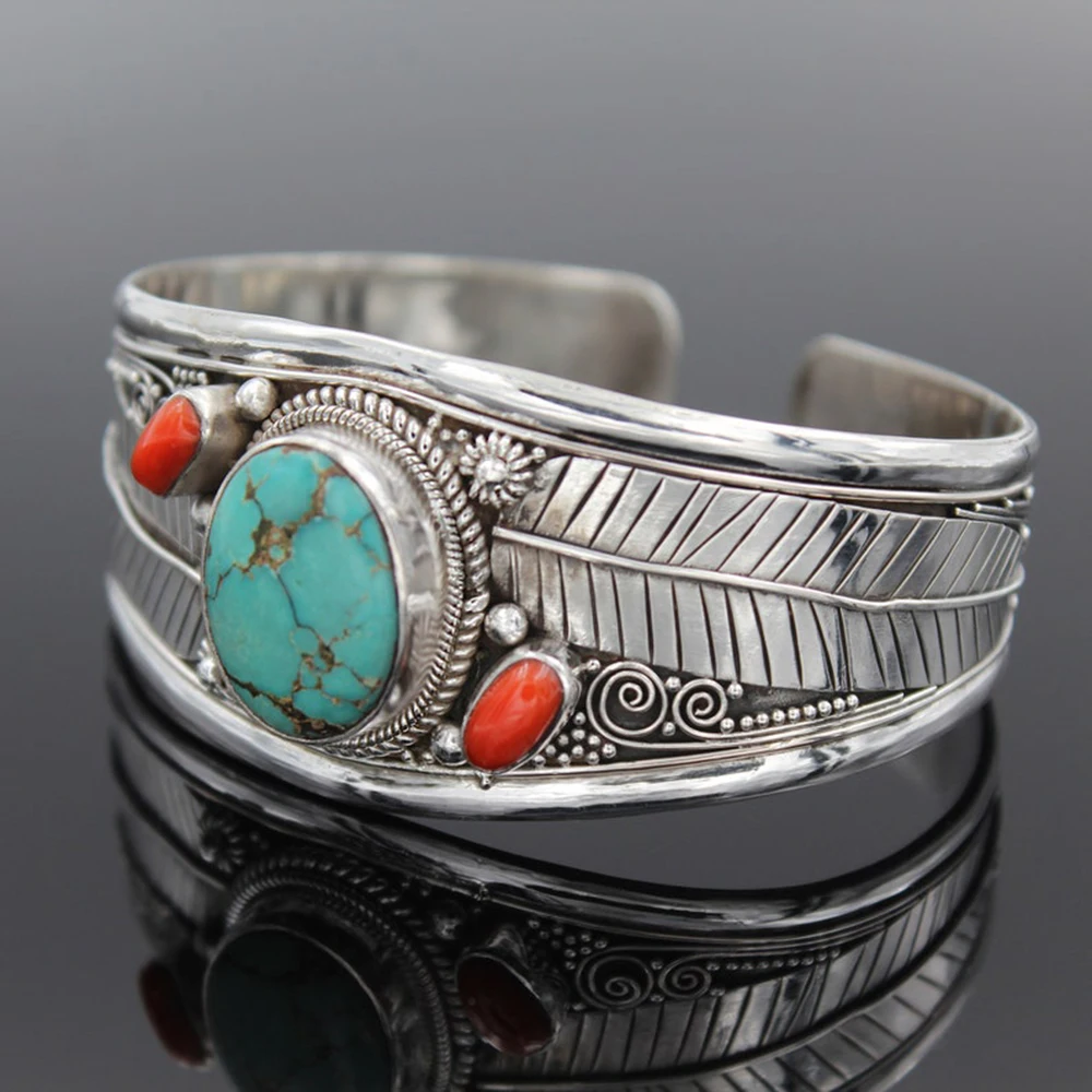 Stone Bracelet Antique Silver Color Leaf Red Blue Natural Stone Bracelet Bangle for Women Simple Open Bohemian Luxury