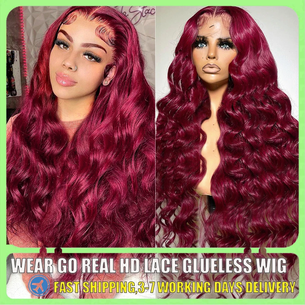 

150 плотность 99J бордовый 13X6 13X4 HD телесная волна прозрачные кружевные передние человеческие волосы парики 30 дюймов красный цветной фронтальный парик для женщин