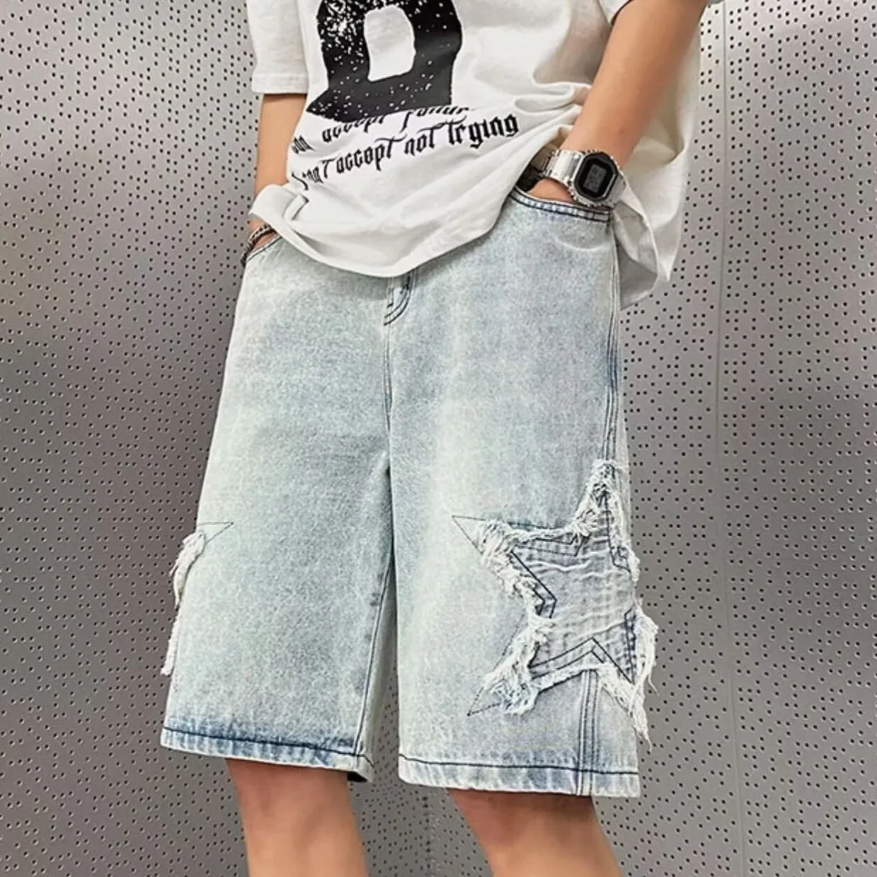 Star Patchwork Yellow Clay Color Jeans Summer Men Denim Shorts Trendy Streetwear Five-point Pants Straight Jeans Shorts men jeans denim pants denim shorts summer jeans shorts