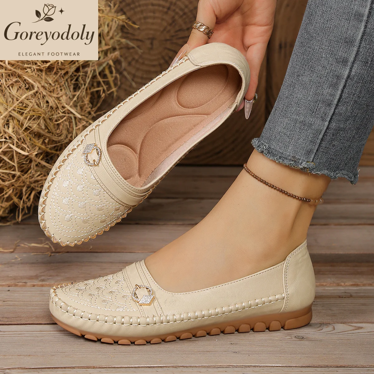 goreyodoly Bequeme Slip-On-Loafer für Damen, leichte, atmungsaktive, weit geschnittene Flats mit Stickerei und Strass-Schnalle