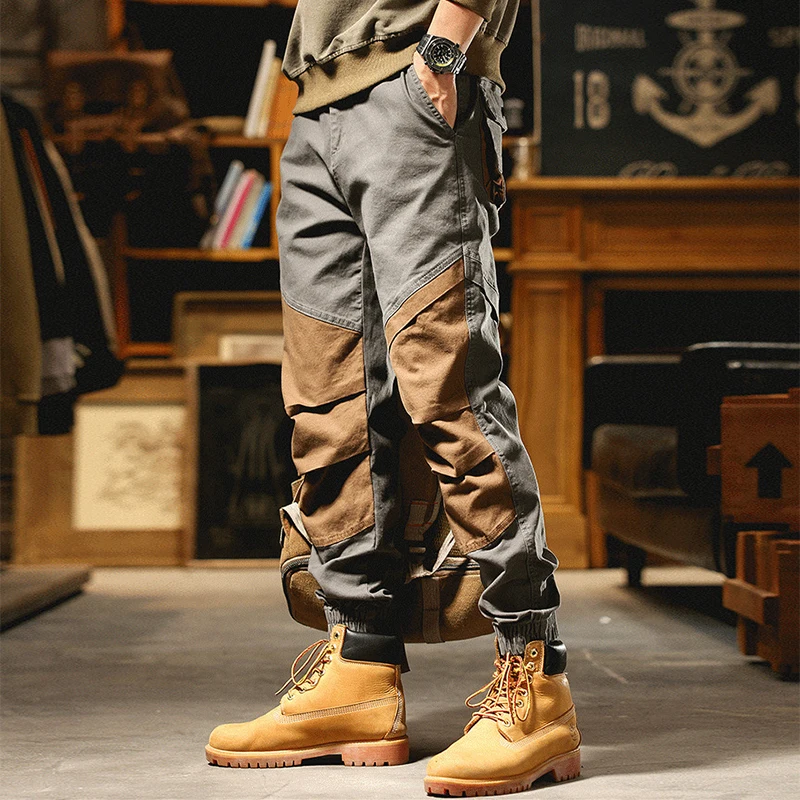 

Брюки-карго мужские с нашивками и карманами, Модные Узкие прямые брюки в стиле пэчворк, длинные брюки контрастных цветов