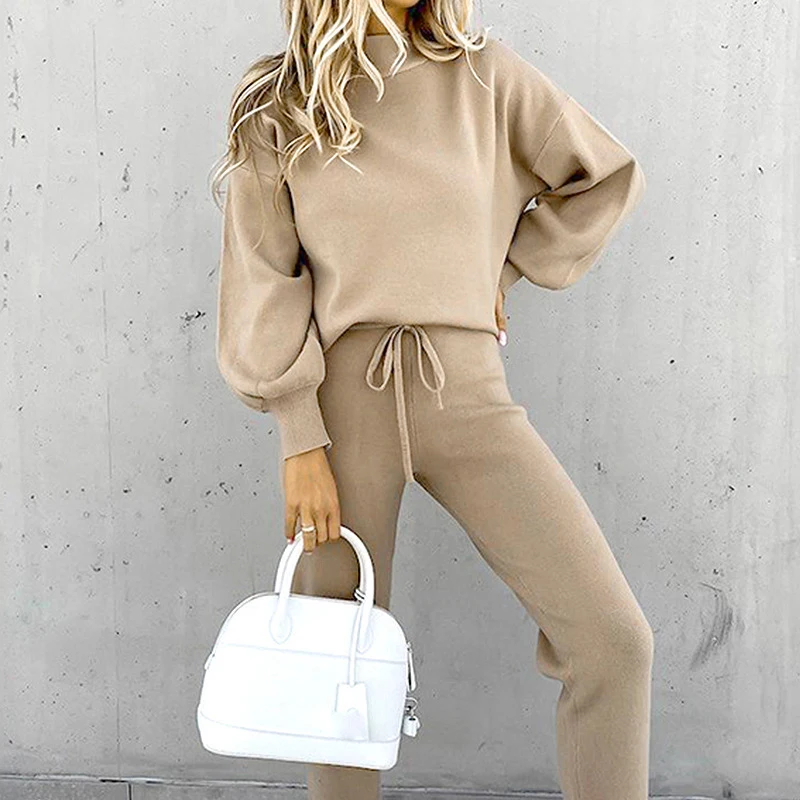 Women's High Collar Sweater And Pure Color Trousers Two-Piece Set Casual Autumn Winter Fashion Ensemble 6