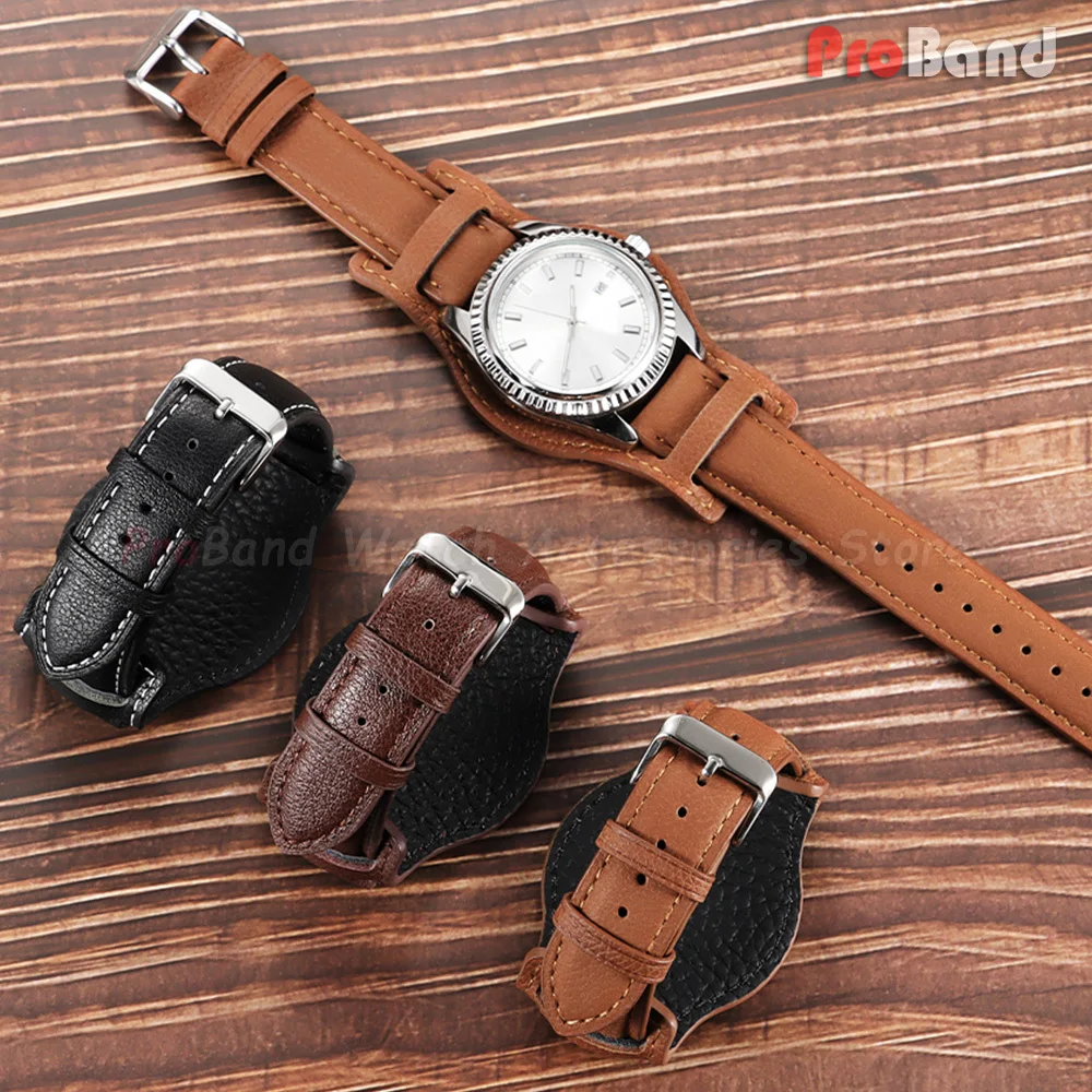 Elegant Genuine Leather Watch Straps with Retro Bund Pad in Black and Brown