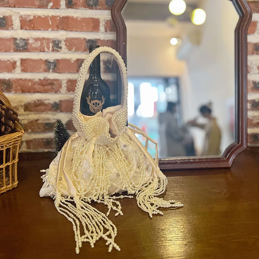 Handmade Pearl Bead Handbag Tassel Bucket Luxury Silk Bag Women Woven Party Wedding Evening Small Box Basket Bag