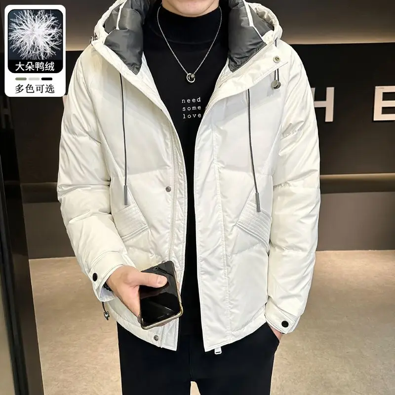 Fashionable 2023 Winter Men's Hooded White Duck Down Jackets Outwear Solid Color Loose Zippered Puffer Coat Plus Size 4XL Parkas