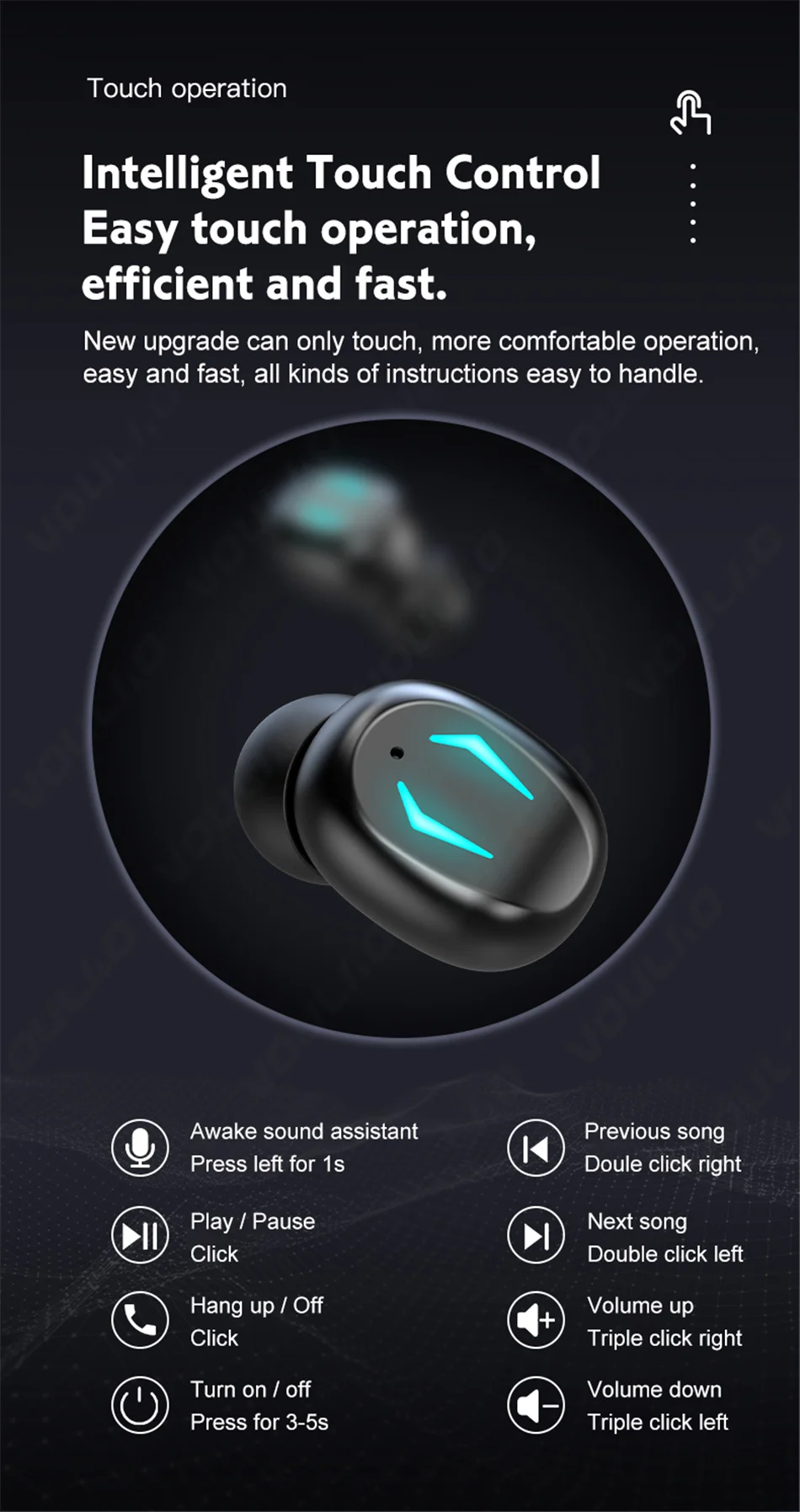 Bluetooth headset touch control zero delay wireless headset with microphone 1800mAh charging box headset_voghion.com