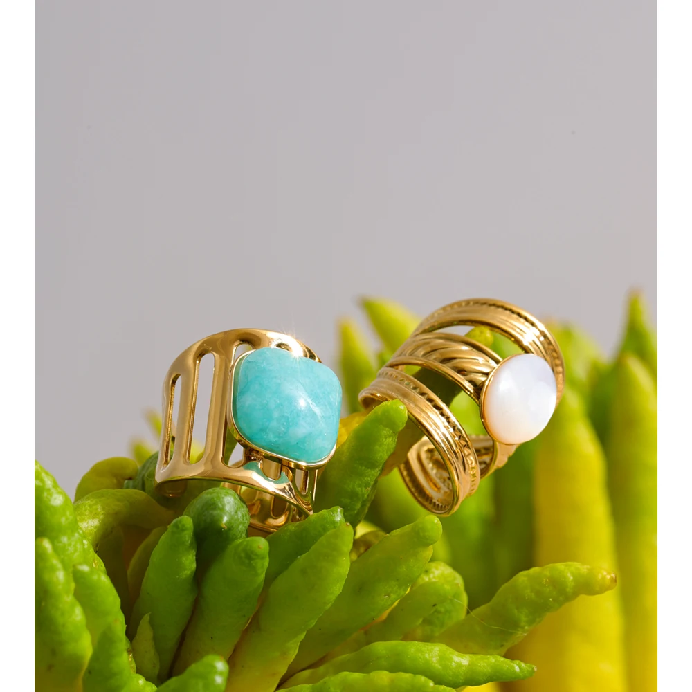 Yhpup Natural Amazonite Ring for Women 18K Golden Plated Stainless Steel