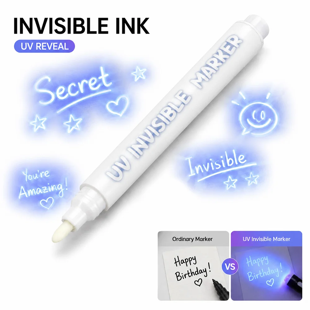 12Pcs UV 라이트 보이지 않는 마커 사라지는 잉크 쓰기 펜 숨겨진 메모 도구 예술 창조 DIY 공예 유니버설 사무용품