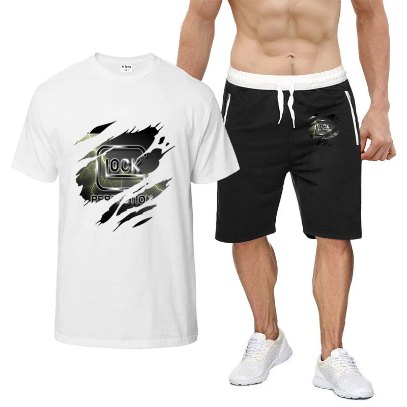 Glock perfect shooting printing men's comfortable eight-color short-sleeved shorts suit pure cotton Harajuku sports T-shirt suit