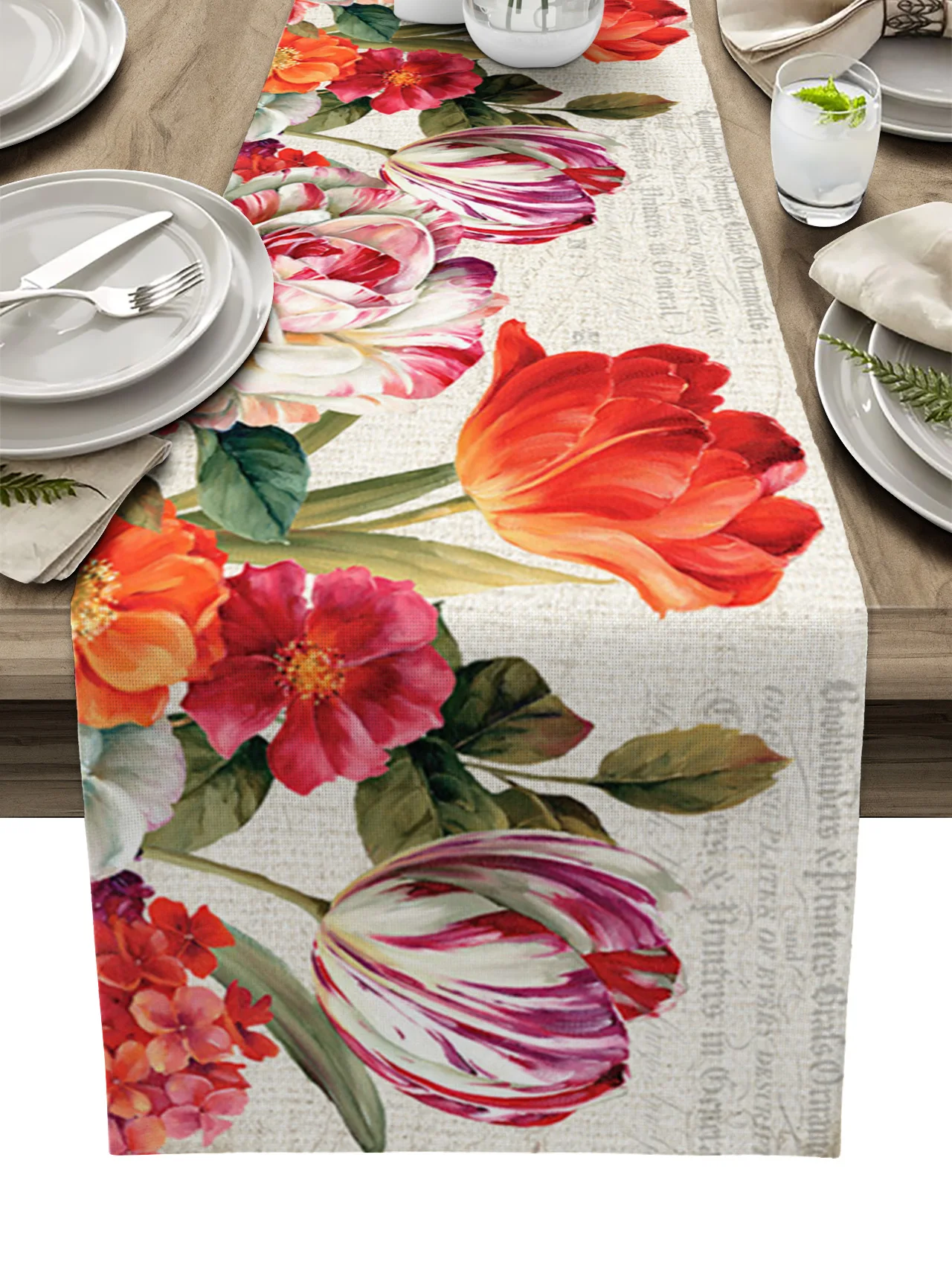 

Vintage Flowers Tulips Oil Painting Linen Table Runner Kitchen Table Decoration Farmhouse Dining Tablecloth Wedding Party Decor
