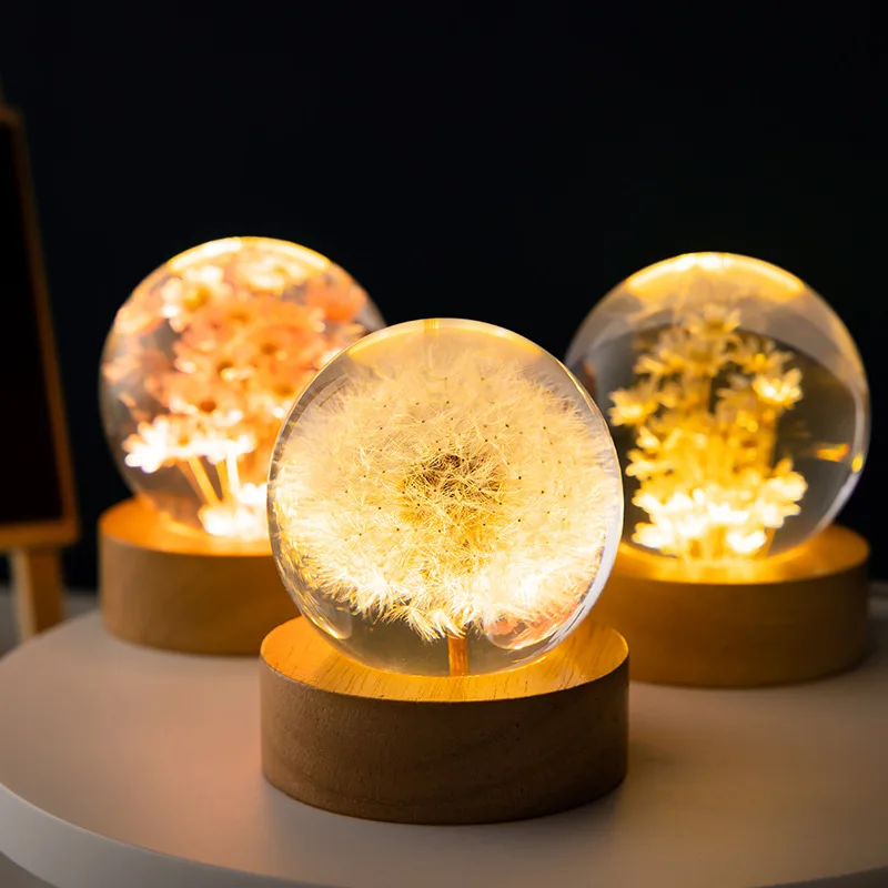 

C2 Dandelion Crystal Ball 3D Luminous Wood Stand Base Preserved Flower Sphere Ball Desktop Ornaments Bithday Christmas Gifts