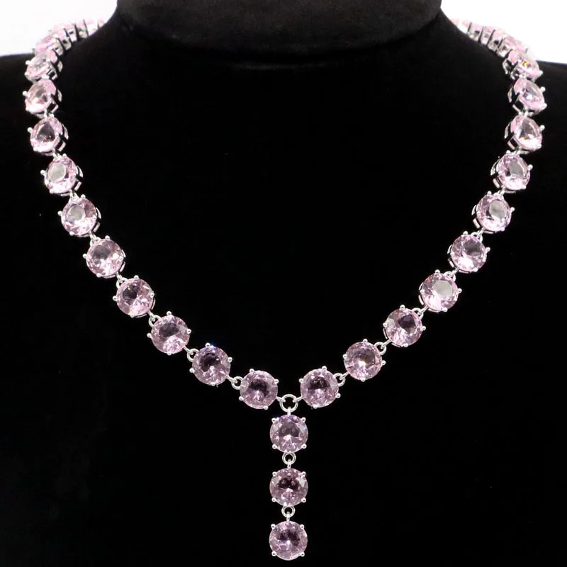 

33g 925 SOLID STERLING SILVER NECKLACE CHAIN Luxury Round Shape 8mm Pink Kunzite Swiss Blue Topaz Green Emerald Daily Wear