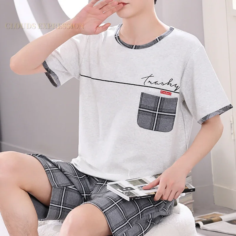 Summer Knitted Cotton Short Sleeved Men's Pajamas Sets Male Pajama Set Polka Dots Pajama Men Sleepwear Suit Homewear Size