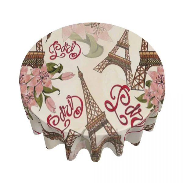 

Round Tablecloth 60 Inch Paris Eiffel Tower With Flower Table Cover For Dinner Kitchen
