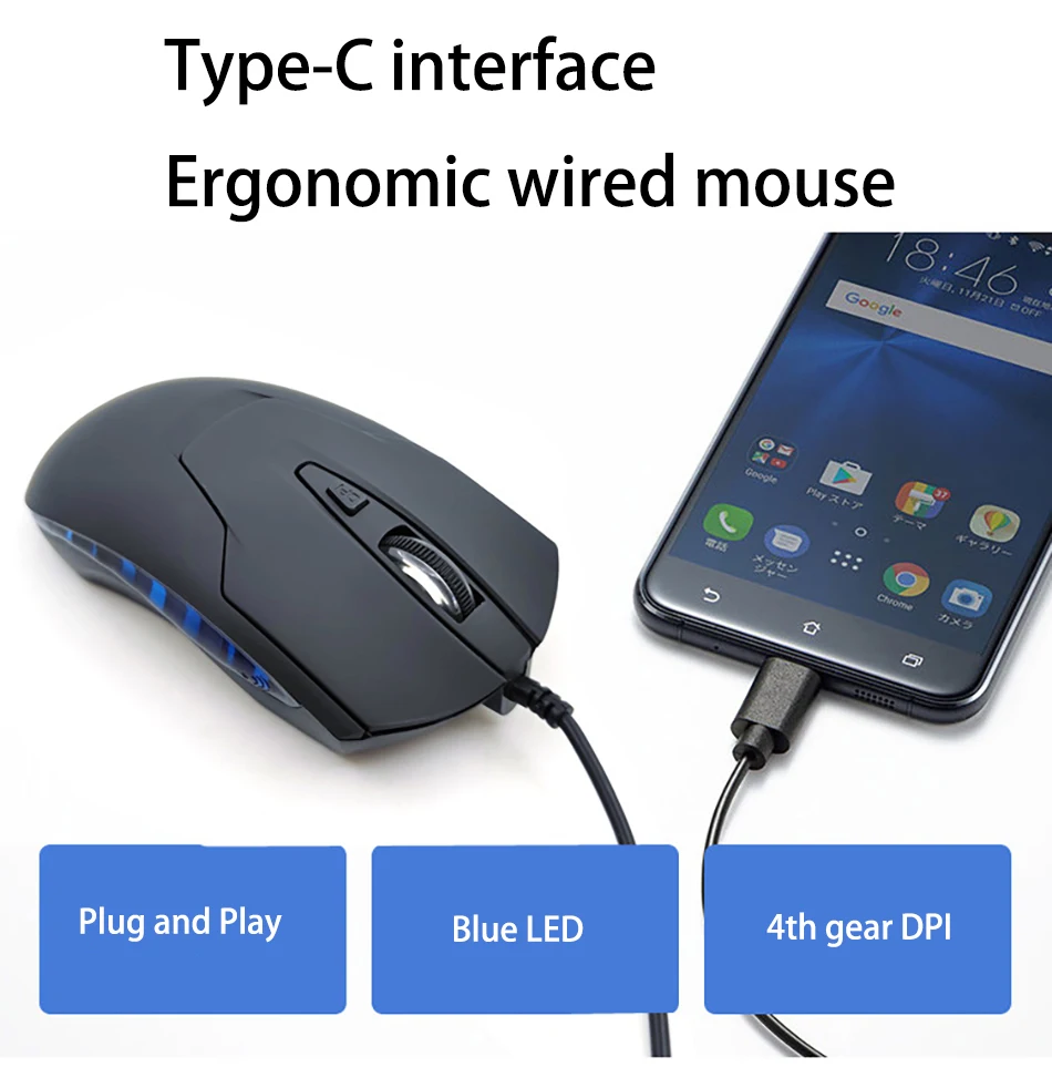 Wired Office Mouse 1600DPI 6-Button Type C And USB Optical Mouse for Desktop Notebook Computer Game