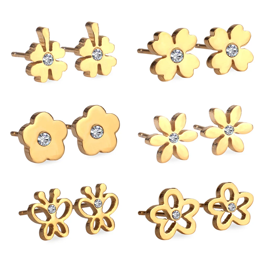 

Cubic Zirconia FLowers Dragonfly Stud Set For Baby Girl Women Stainless Steel Push Back 6Pairs Earrings Jewelry Gift Box Package