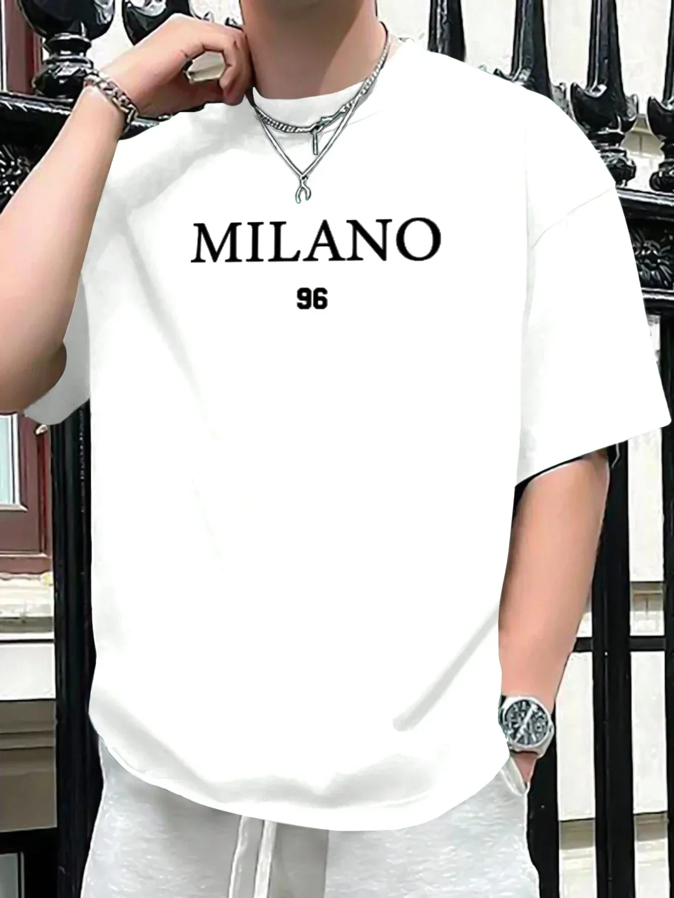 남성용 100% 코튼 라운드넥 반팔 티셔츠, 루즈한 사이즈, MILANO 96 레터 프린트, 슬림핏 캐주얼 스포츠 탑 티, 여름