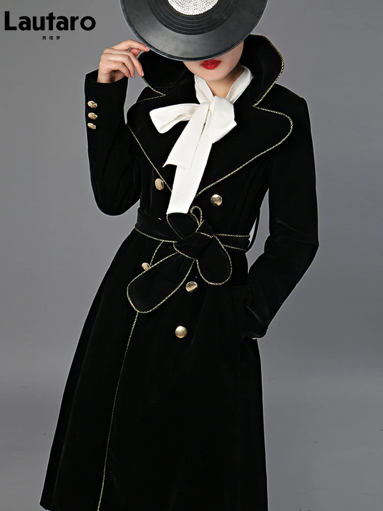 Lautaro Spring Autumn Long Black Velvet Trench Coat for Women with Gold Trim Sashes Double Breasted Luxury Designer Fashion 2022