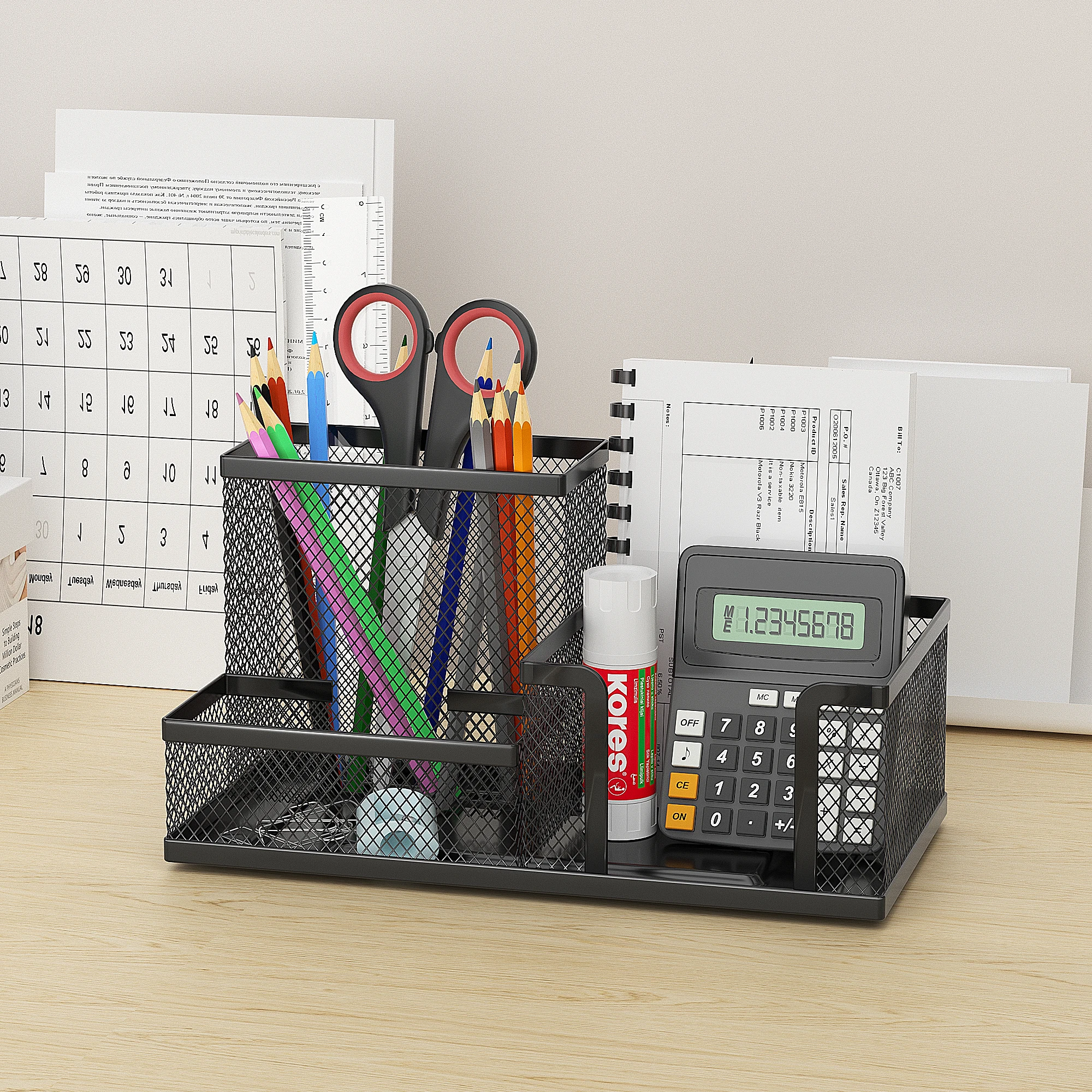 Mesh Desk Organizer Office Supplies Caddy with Pencil Holder and Storage Baskets for Desktop Accessories, 3 Compartments, Black - 3