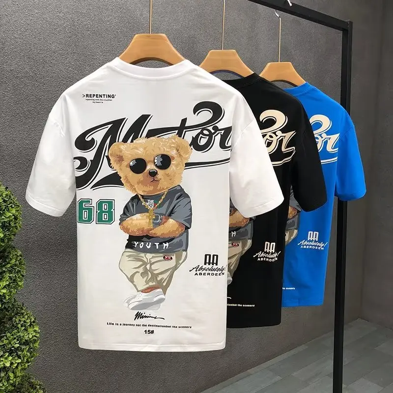 

Internet Famous Teddy Bear Printed Short Sleeved T-shirt For Men In 2024 Summer Instagram Trend Versatile Slim Fit Clothes Top