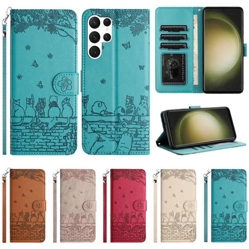 Portafoglio Cat Custodia In Pelle Flip Over Goffrata Per Samsung S24 S23 S22 Plus S21 Ultra S20 Fe A05S A12 A13 A14 A23 A34 A51 A54 A71