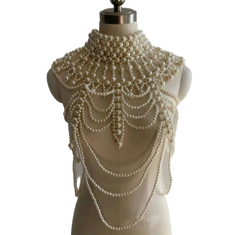 Women Vintage Multi Strands Faux Pearl Body Statement Necklace Adjustable High Collar Bib Handmade Jewelry Shoulder Cha