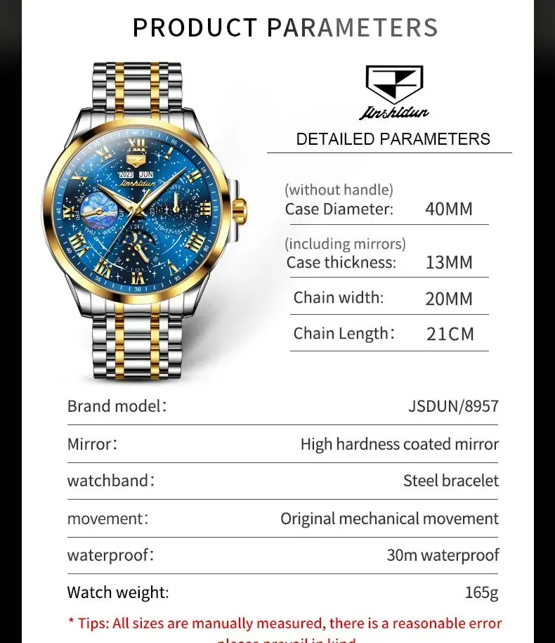 JSDUN 8957 Watch For Men Moon Phase Starry Sky Waterproof Luminous Fashion Mechanical Wristwatch Week Date Roman Scale Man Watch