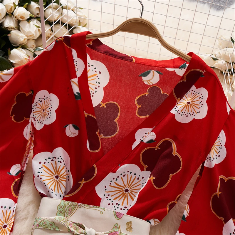 V-neck Red Japanese kimono Cardigan Outfit Women Clothing Print  See-through Lace-up Dress Sexy Lingerie Thin Tunic Loose Sleeve