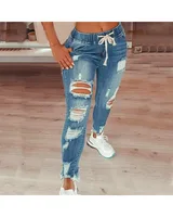 Women's S-5XL Size Tight Waist Jeans Women's Mid Waist Lace up Slim Fit Elastic Feet Pants Perforated Denim Pants - Image 4