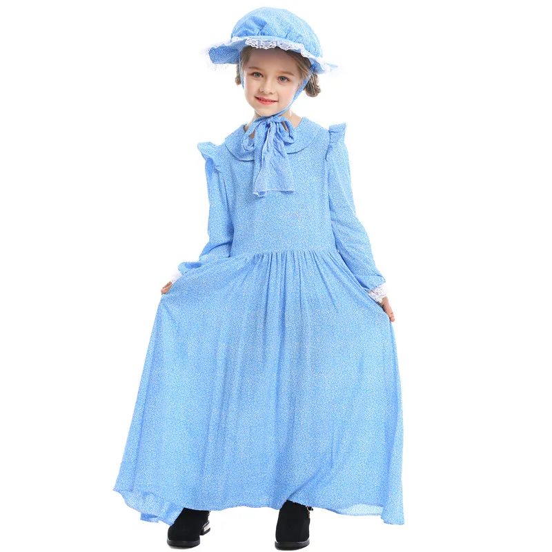 

Party Girl Cute Costume Carnival Maid Outfit with Hat Apron Lolita Style Vintage Dress Rural Halloween Kids Long Sleeve Dress