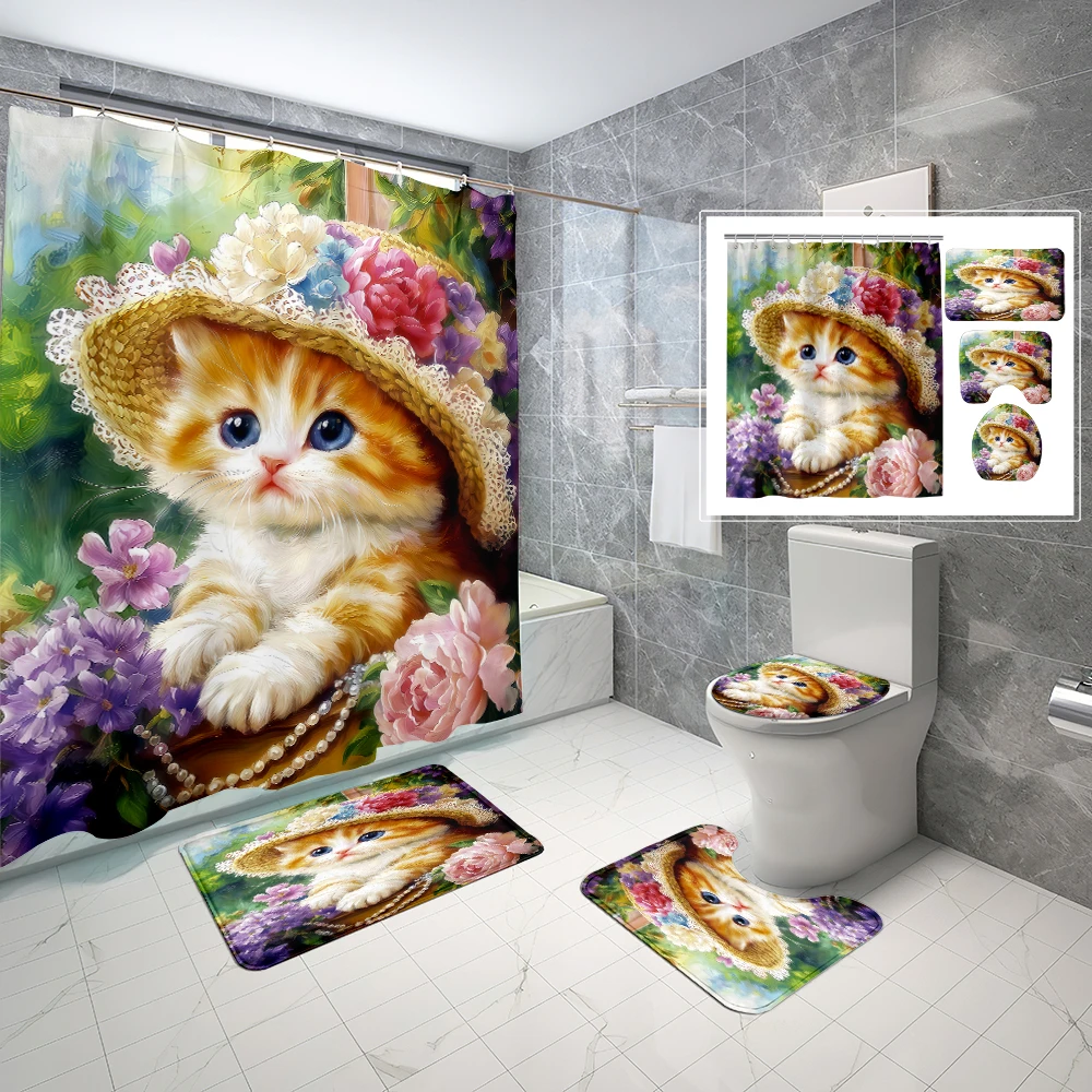 ชุดห้องน้ำลายการ์ตูนสัตว์น่ารัก, พรมปูพื้นกันลื่น, พรมรูปตัวยู, แผ่นรองนั่งชักโครก, ม่านอาบน้ำกันน้ำพร้อมตะขอ 1