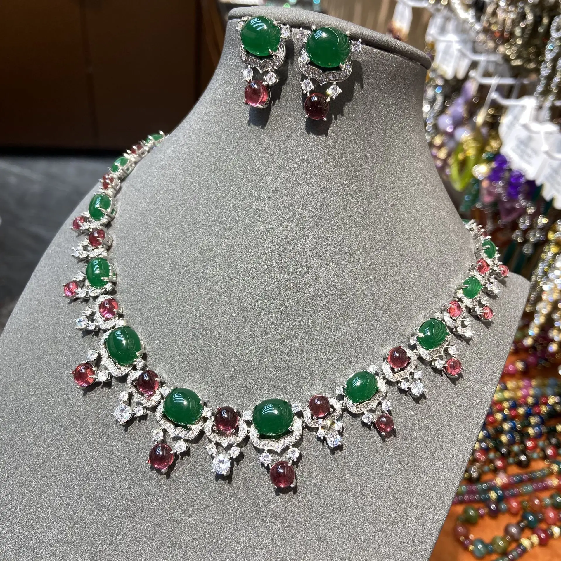 Women Bridal Studded Diamond Zircon Necklace Earrings Set 2024 2