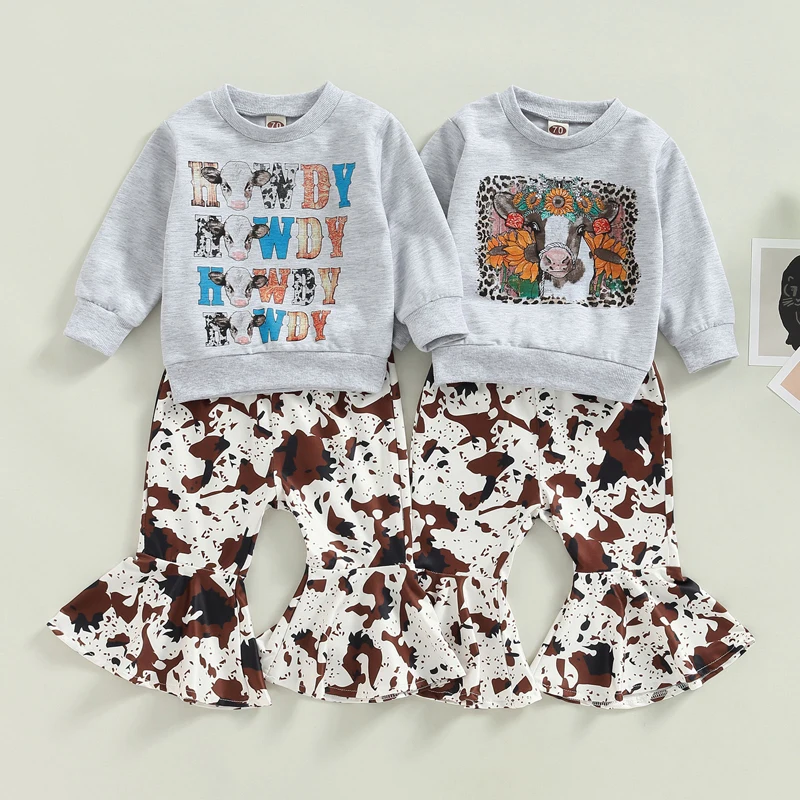 

Newborn Girl Autumn Clothes Long Sleeve Cow/Letters Print Sweatshirt and Elastic Waist Flare Pant Sets Baby Clothing