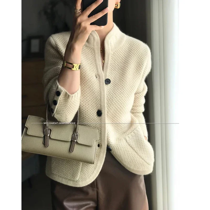 

Autumn Winter New Thickened 100% Pure Cashmere Cardigan Women Stand Neck Sweater Sweater Loose Knit Base Sweater Jacket Sweaters