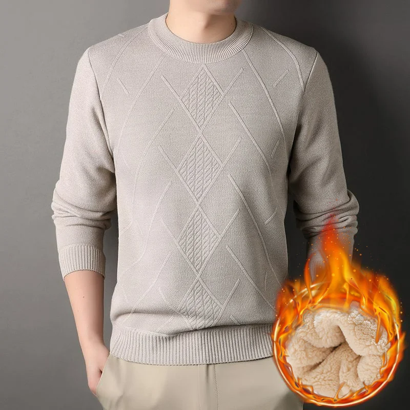 Autumn Winter Men Fleece Thicken Warm Long Sleeve Sweater Fashion Business Casual Versatile Loose Bottoming Knit Pullovers Top