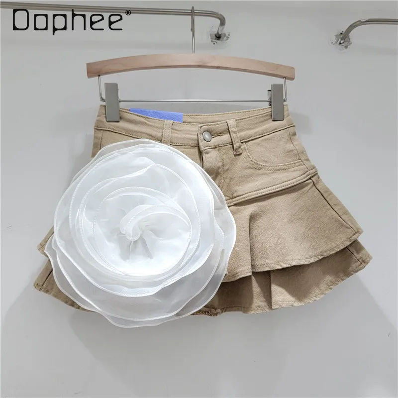 

Ruffled Fashionable Three-Dimensional Large Flower Decorative A-Type Light Blue Denim Skirt 2024 Summer New Women Mini Skirt