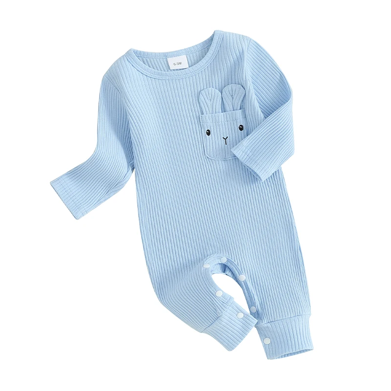 

Newborn Baby Boy Easter Outfit Bunny Rabbit Ear Pocket Long Sleeve Romper Jumpsuit Infant Ribbed Knit Clothes