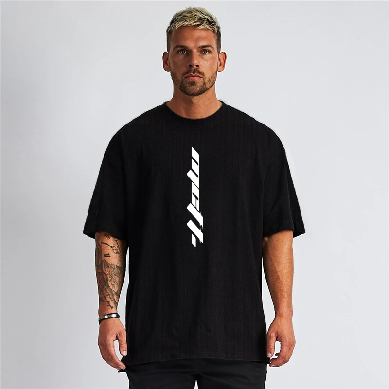 

Футболка мужская оверсайз с рукавом до локтя, сетчатая свободная спортивная одежда с спущенными плечами, футболка для фитнеса, одежда для тренажерного зала, бодибилдинга, лето