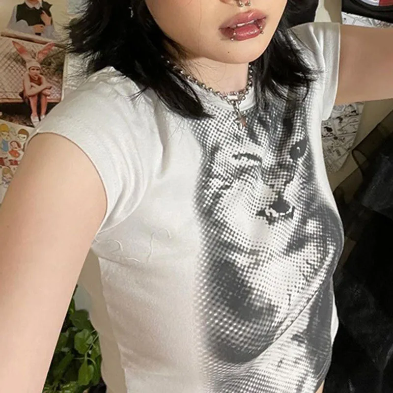 Harajuku Animal Print Crop Top Basic White Short Sleeve Crewneck T-shirt Women Casual Slim-fitting Tees Lady y2k Vintage 2