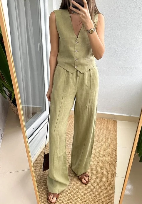 

Womens Two Piece Sets Outfit Solid Color Sleeveless Vest Vest Vest Pants Two-Piece Women's Set New Fashion 2023 Casual