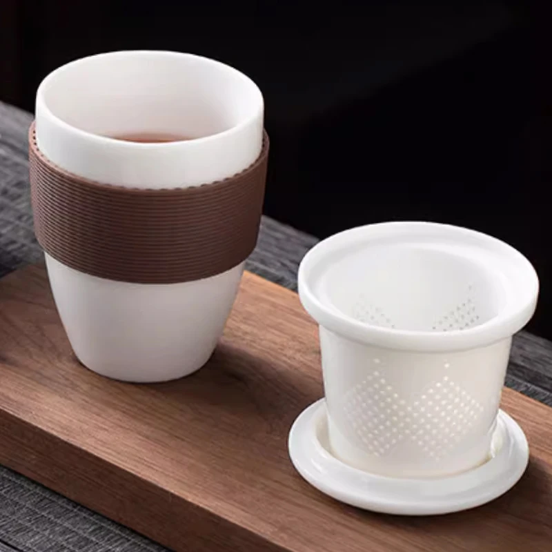 Chinese Style Tea Filtering and Separation Cups, With Cover White Porcelain Personal Mug, Home Drinkware Ceramic Office Cup, 1Pc