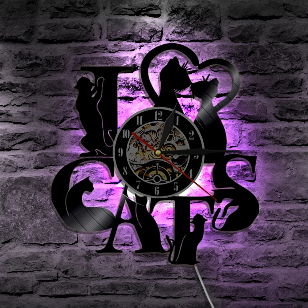 I Love Cats Orologio Da Parete Gatti Neri Orologio Da Record In Vinile Divertente Gattino Gattino Wall Art Regalo Di Riscaldamento Della Casa Vintage 
