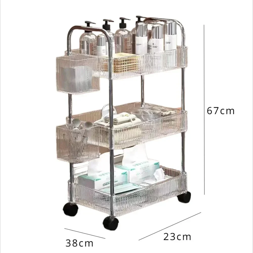 Acrylic Trolley 3 Tiers With 3 Removable Hanging Baskets Transparent Rolling Cart Kitchen Multi Functional Snack Mobile Racks