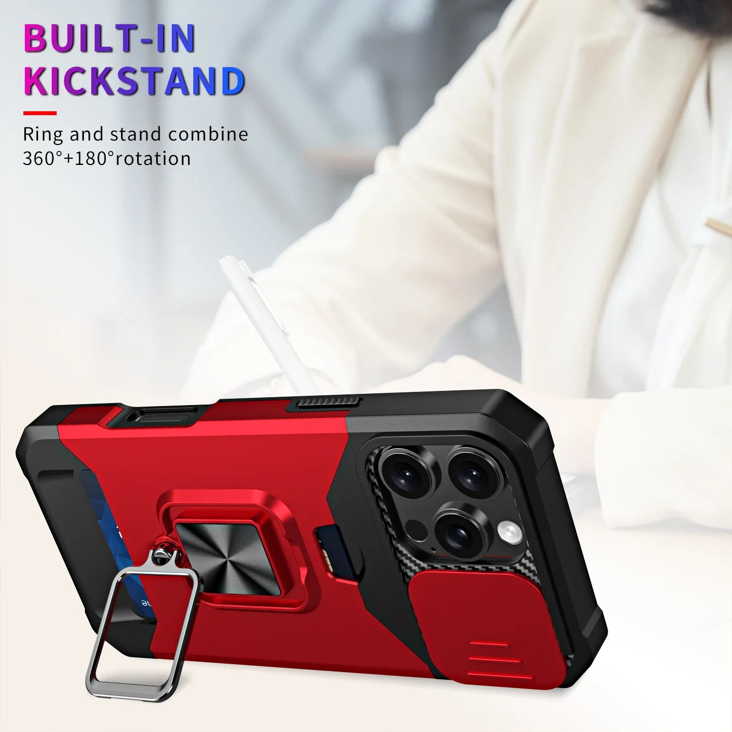 Rotating Armor Hybrid Case with Slide Camera Lens Cover and Ring Stand