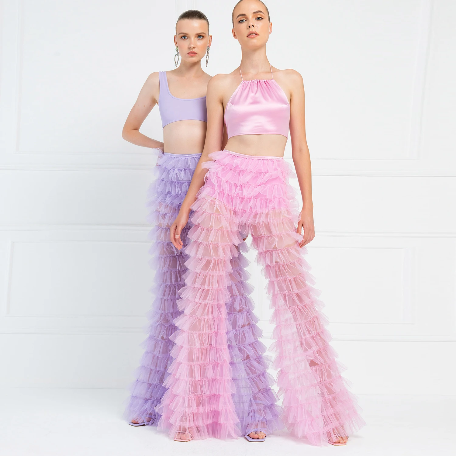 

Lavender Pink Tulle Pants Women Customized See Through Tiered Bell-bottom Trousers Party Pants Long Lush Floor Length No Lining