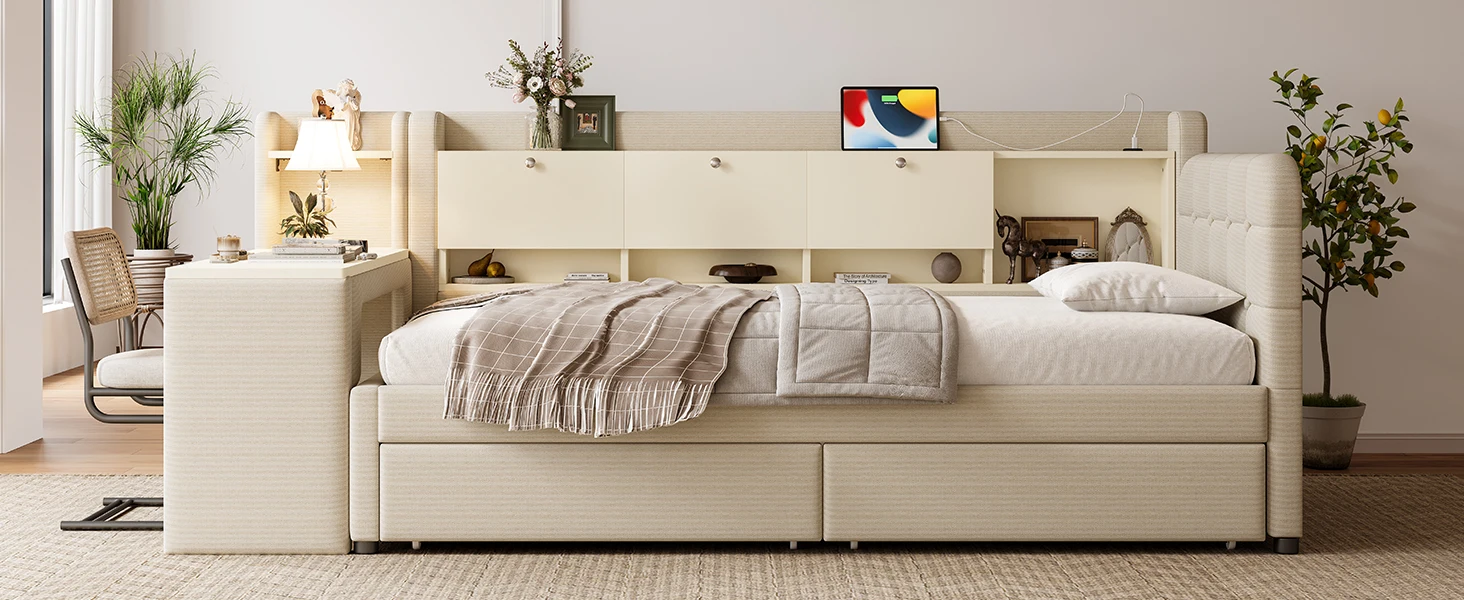 Tagesbett, 90*200cm, Tagesbett, Schlafsofa, mit 2 Schubladen, Schreibtisch, USB + Typ C, aufklappbares Staufach, Staufach – Detail 26