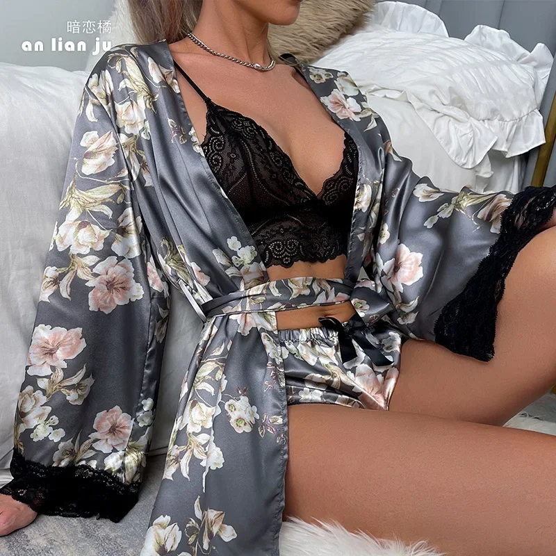 Print Robe Sleepwear Women Kimono Nightgown Lingerie V-Neck Bridesmaid Dressing Gown Nightdress Bathrobe Summer Nightwear