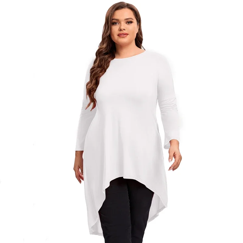 

Plus Size Long Sleeve Casual Hi Low Tops Long Loose Fit Flare Basic Swing Blouse T Shirt Large Size Spring Autumn Tunic 7XL 8XL