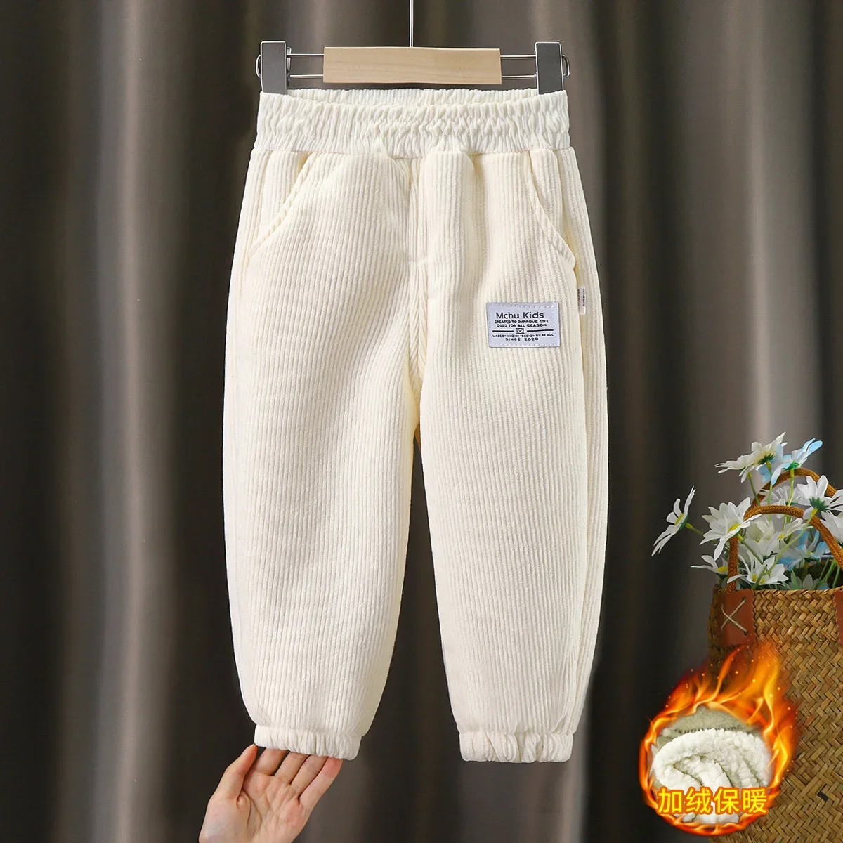 thumbnail image 1 of 1-8Yrs Children's Pants Autumn Winter Fleece Padded Trousers for Girls Solid Thickened Corduroy Pants Casual Loose Boys Pants, 1 of 6